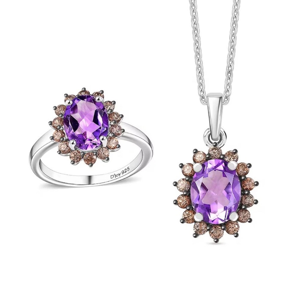 D’Joy Moroccan Rose/Brown Zircon 5ct Sunburst Sterling Ring & Pendant Necklace 8